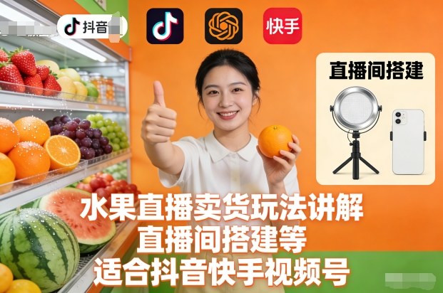 水果直播卖货玩法讲解、直播间搭建等,适合抖音快手视频号-知创网