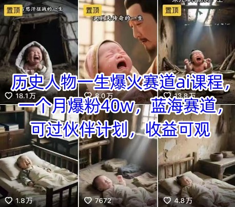 历史人物一生爆火赛道ai课程，一个月爆粉40w，蓝海赛道，可过伙伴计划，收益可观-知创网