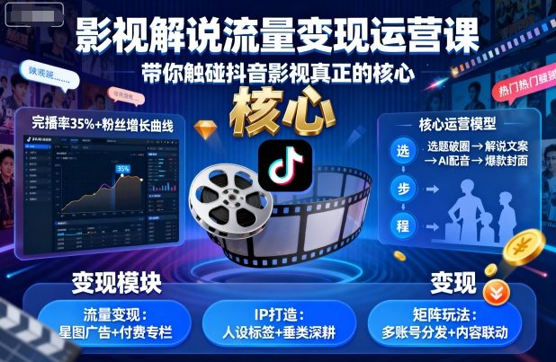 影视解说流量变现运营课，带你触碰抖音影视真正的核心-知创网