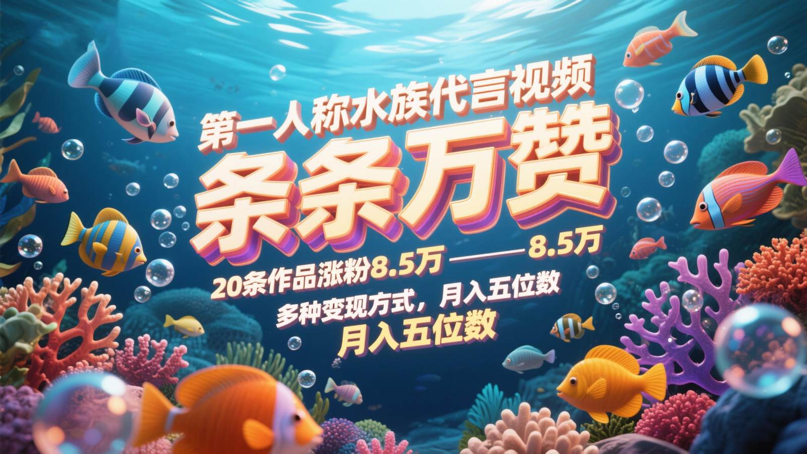 第一人称水族代言视频，条条万赞，20条作品涨粉8.5万，多种变现方式月，入五位数-知创网