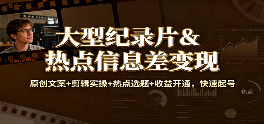 大型纪录片&热点信息差变现：原创文案+剪辑实操+热点选题+收益开通，快速起号-知创网