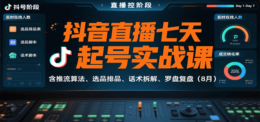 抖音直播七天起号实战课：含推流算法、选品排品、话术拆解、罗盘复盘（8月）-知创网