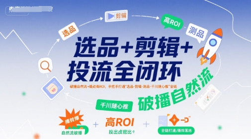 选品+剪辑+投流全闭环，破播自然流+撬动高ROI，手把手打通“选品-剪辑-测品-千川随心推”全链-知创网