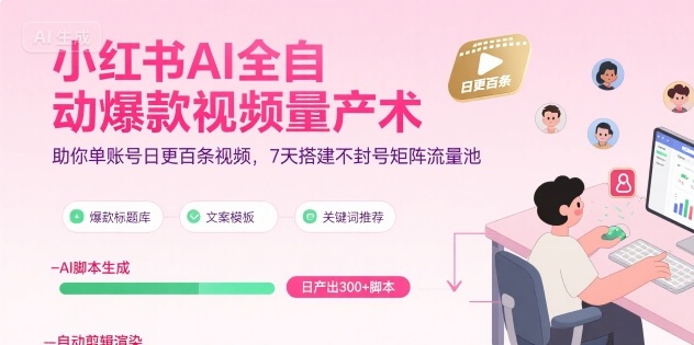 小红书AI全自动爆款视频量产术，助你单账号日更百条视频，7天搭建不封号矩阵流量池-知创网