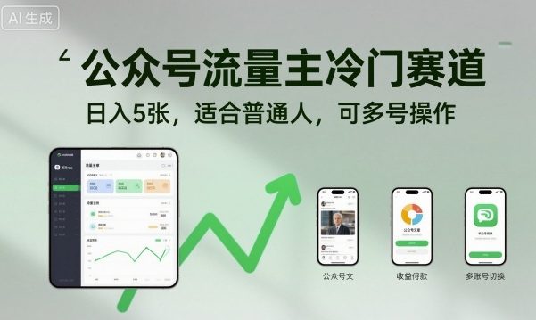 公众号流量主冷门赛道，日入5张，适合普通人，可多号操作-知创网
