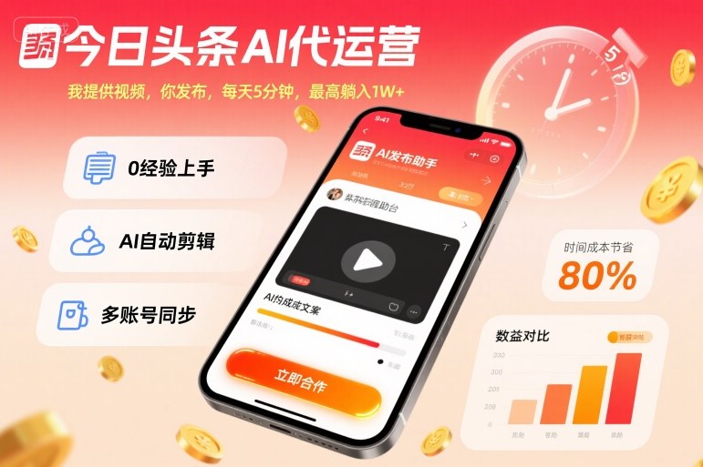 今日头条AI代运营，我提供视频，你发布，每天5分钟，最高躺入1W+【揭秘】-知创网