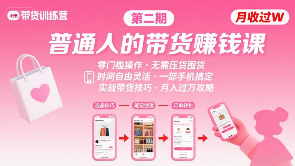 小红书带货第二期训练营，普通人月收过W的带货课，时间自由，零门槛无压货，一部手机即可操作-知创网