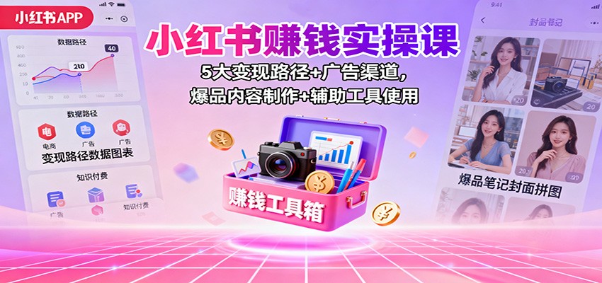 小红书赚钱实操课：5大变现路径+广告渠道，爆品内容制作+辅助工具使用-知创网