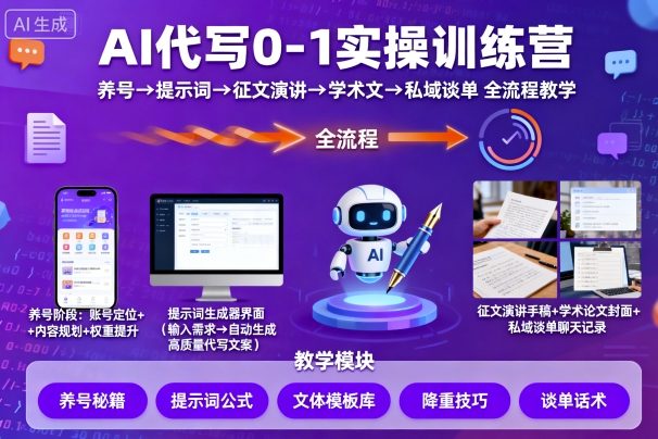 AI代写0-1实操训练营,从养号、提示词、征文演讲、学术文,到私域谈单的全流程教学-知创网