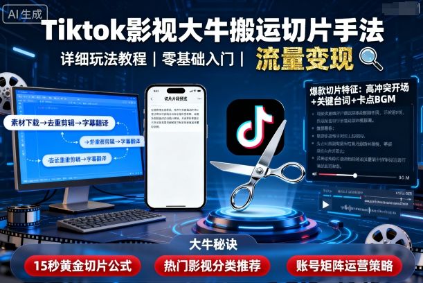 Tiktok影视大牛搬运切片手法，详细玩法教程-知创网