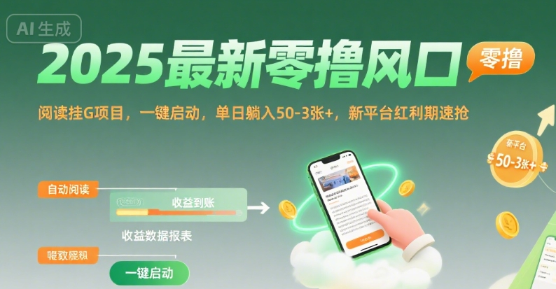 2025最新零撸风口,阅读挂G项目,一键启动,单日躺入 50-3张+,新平台红利期速抢【揭秘】-知创网