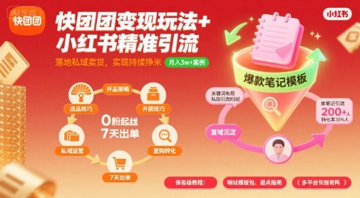 快团团变现玩法+小红书精准引流技巧，助你真正落地私域卖货，实现持续挣米-知创网