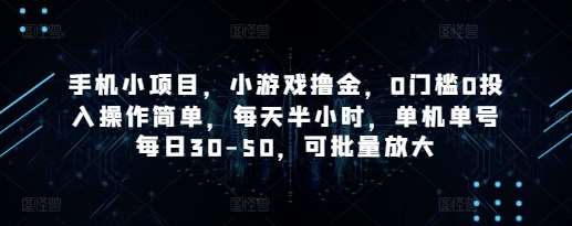 手机小项目,小游戏撸金,0门槛0投入操作简单,每天半小时,单机单号每日30-50,可批量放大-知创网