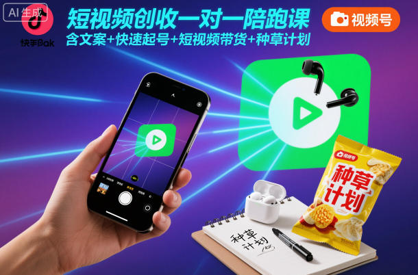 短视频创收一对一陪跑课，含文案+快速起号+短视频带货+种草计划-知创网