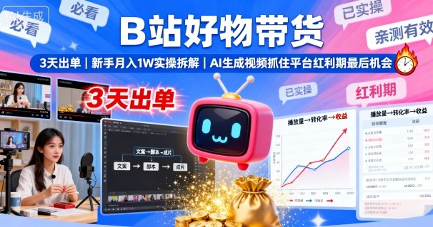 B站好物带货，3天出单，新手月入1W实操拆解，AI生成视频，抓住平台红利期最后机会-知创网