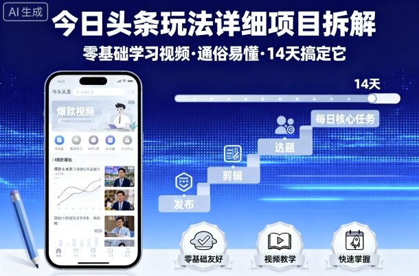 今日头条玩法详细项目拆解，零基础学习视频 通俗易懂 14天搞定它-知创网