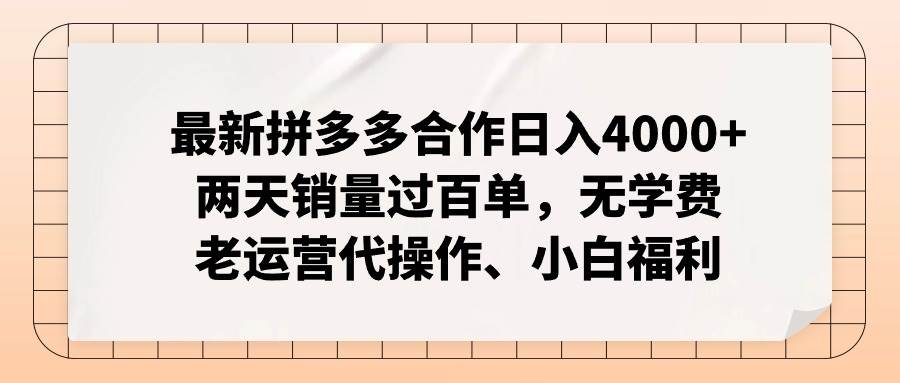 (11343期)最新拼多多合作日入4000+两天销量过百单,无学费、老运营代操作、小白福利-知创网