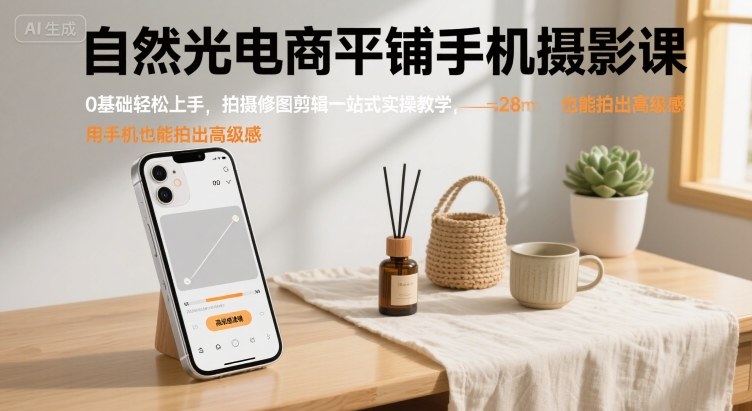 自然光电商平铺手机摄影课，0基础轻松上手，拍摄修图剪辑一站式实操教学，用手机也能拍出高级感-知创网