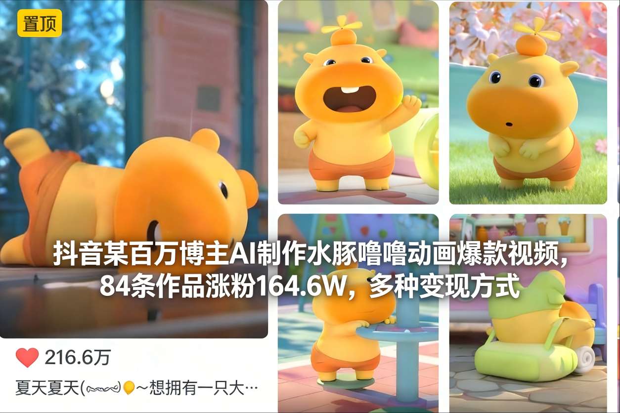 抖音某百万博主AI制作水豚噜噜动画爆款视频，84条作品涨粉164.6W，多种变现方式-知创网