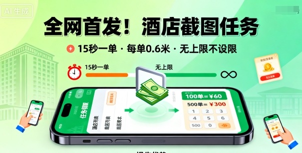 全网首发！酒店截图任务，15秒一单，每单0.6米，任务无上限不设限，矩阵操作单日3张到手【揭秘】-知创网