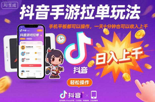 抖音手游拉单玩法，手机平板都可以操作，一天十分钟也可以收入上K【揭秘】-知创网