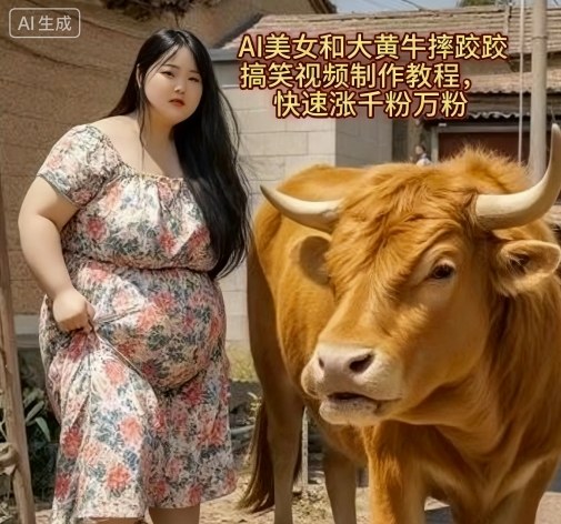 AI美女和大黄牛摔跤搞笑荒诞视频制作教程,快速涨千粉万粉-知创网