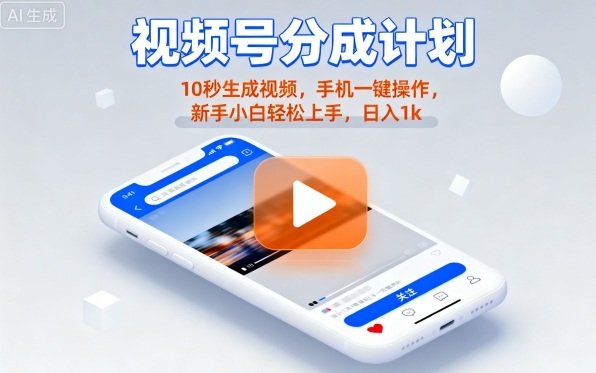 视频号分成计划懒人玩法，10秒生成视频，手机一键操作，新手小白轻松上手，日入1K【揭秘】-知创网