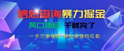 信息查询暴力掘金，一天三条视频，轻松变现四位数，风口项目干就完了【揭秘】-知创网