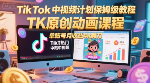 TikTok中视频计划保姆级教程，TK原创动画课程，单账号月收益4k美刀-知创网