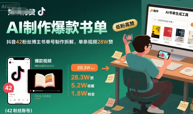 AI制作爆款书单，抖音42粉丝博主书单号制作拆解，单条视频28W赞-知创网