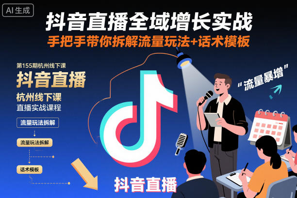 抖音直播全域增长实战第155期杭州线下课，手把手带你拆解流量玩法+话术模板-知创网