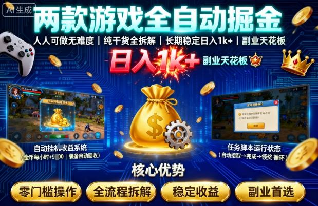 两款游戏全自动掘金，人人可做无难度，纯干货全拆解，长期稳定，日入1k+，副业天花板【揭秘】-知创网