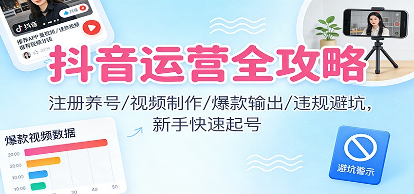 抖音运营全攻略:注册养号/视频制作/爆款输出/违规避坑,新手快速起号-知创网