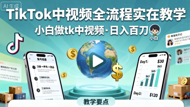 TikTok中视频全流程实操教学，小白做tk中视频，日入百刀-知创网