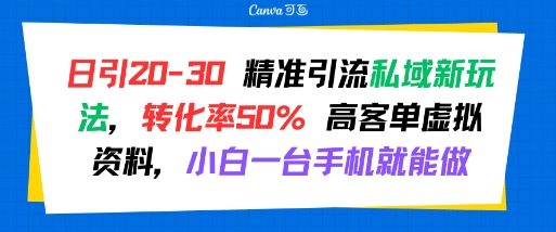 日引 20-30 精准引流私域新玩法，转化率50% 高客单虚拟资料，小白一台手机就能做-知创网