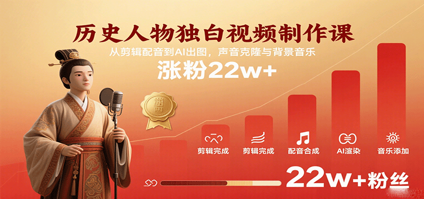 历史人物独白视频制作课,从剪辑配音到AI出图,声音克隆与背景音乐,涨粉22w+-知创网