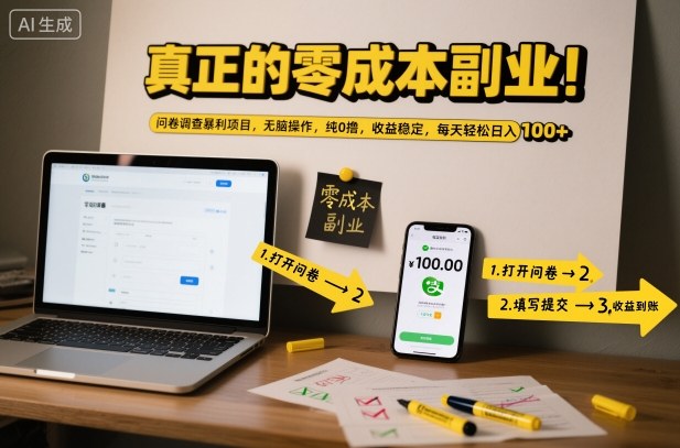 真正的零成本副业！问卷调查暴利项目，无脑操作，纯0撸，收益稳定，每天轻松日入100+【揭秘】-知创网