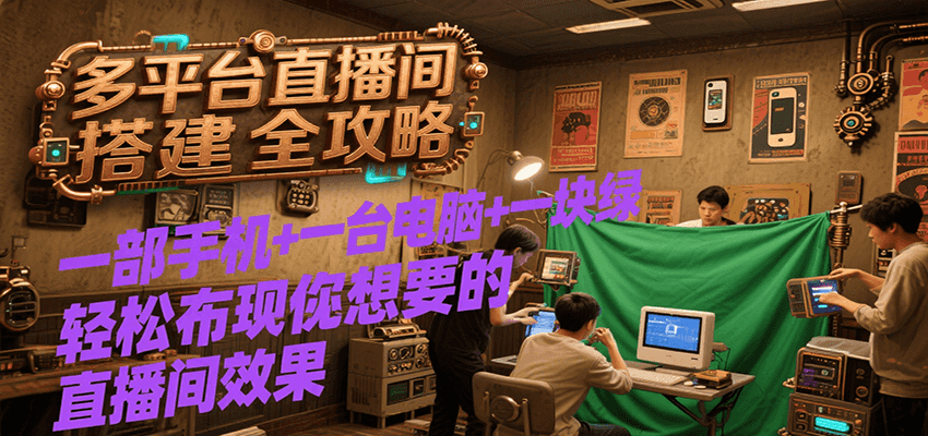 多平台直播间搭建全攻略，一部手机+一台电脑+一块绿布轻松实现你想要的直播间效果-知创网