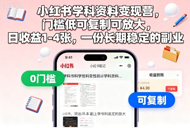 小红书学科资料变现营，门槛低可复制可放大，日收益1-4张，一份长期稳定的副业-知创网