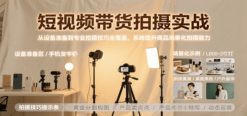 短视频带货拍摄实战，从设备准备到专业拍摄技巧全覆盖，系统提升商品场景化拍摄能力-知创网