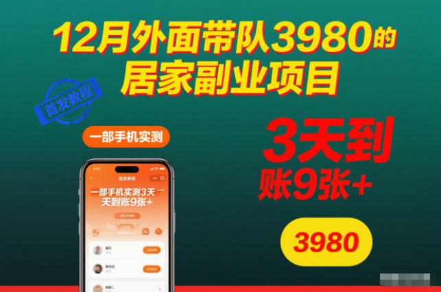 12月外面带队3980的居家副业项目，一部手机实测3天到账9张+，首发教程【揭秘】-知创网