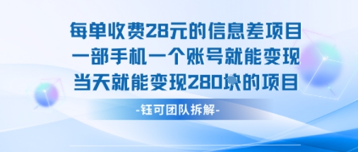 每单收费28米的项目单日能变现280左右 一部手机一个账号就能变现-知创网