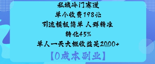 私域冷门赛道:单个收费198米引流模板简单人群精准转化45%单人一天大概收益是1k+-知创网