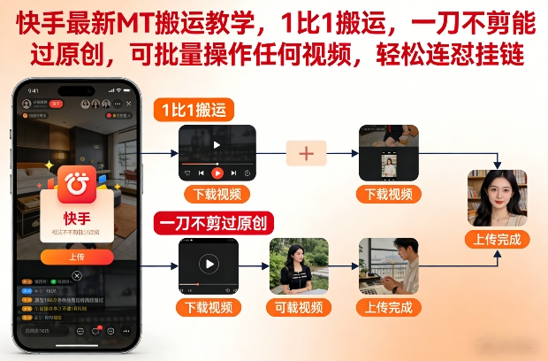 快手最新MT搬运教学，1比1搬运，一刀不剪能过原创，可批量操作任何视频，轻松连怼挂链-知创网