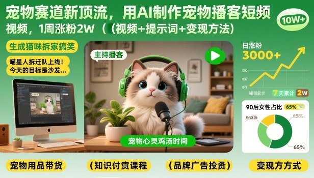 宠物赛道新顶流，用AI制作宠物播客短视频，1周涨粉2W（视频+提示词+变现方法）-知创网