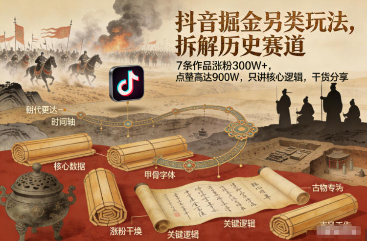 抖音掘金另类玩法,拆解历史赛道,7条作品涨粉300W+,点赞量高达900W,只讲核心逻辑,干货分享-知创网