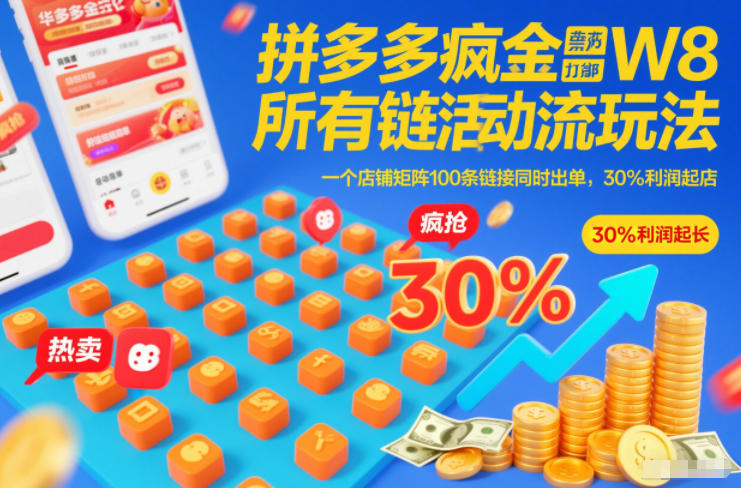 拼多多疯狂活动流玩法，所有链接全部打标，一个店铺矩阵100条链接同时出单，30%利润起店-知创网