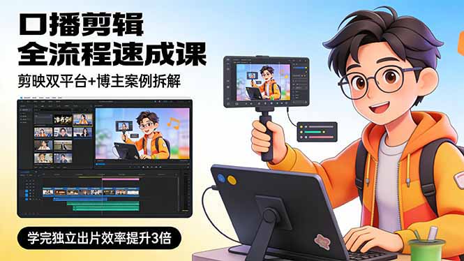 （17420期）口播剪辑全流程速成课，剪映双平台+博主案例拆解，学完独立出片效率提升3倍-知创网