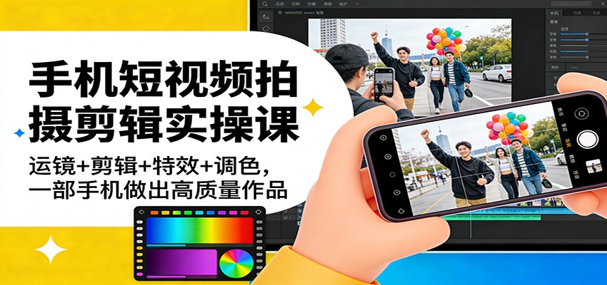 手机短视频拍摄剪辑实操课：运镜+剪辑+特效+调色，一部手机做出高质量作品-知创网