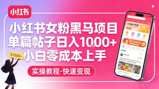 小红书女粉黑马项目，单篇帖子日入1k+，小白零成本上手-知创网